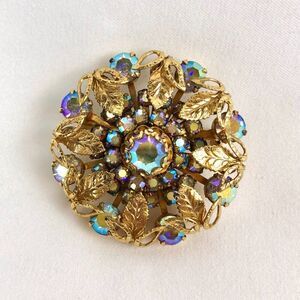Vintage Aurora Borealis Rhinestone Brooch Pin Layered Flower with Leaves MCM